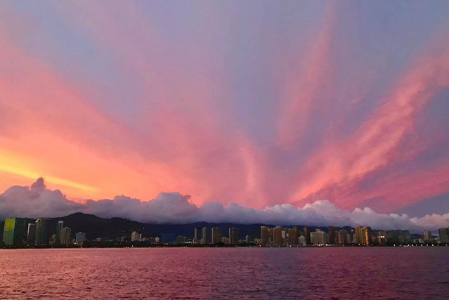 Bright pink sunset over Waikiki