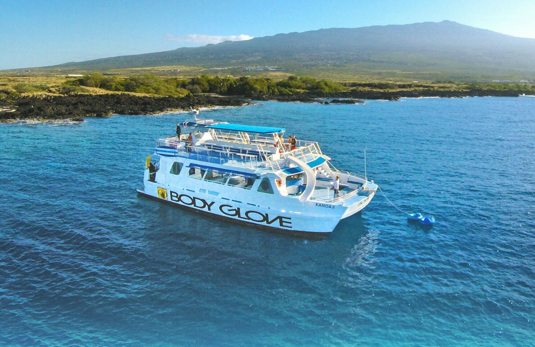 Body Glove catamaran ready for a cruise in the waters off Kailua-Kona