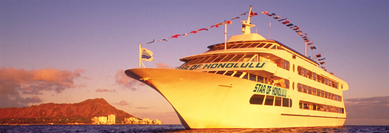 Star of Honolulu and Diamond Head at sunset in Waikiki Hawaii